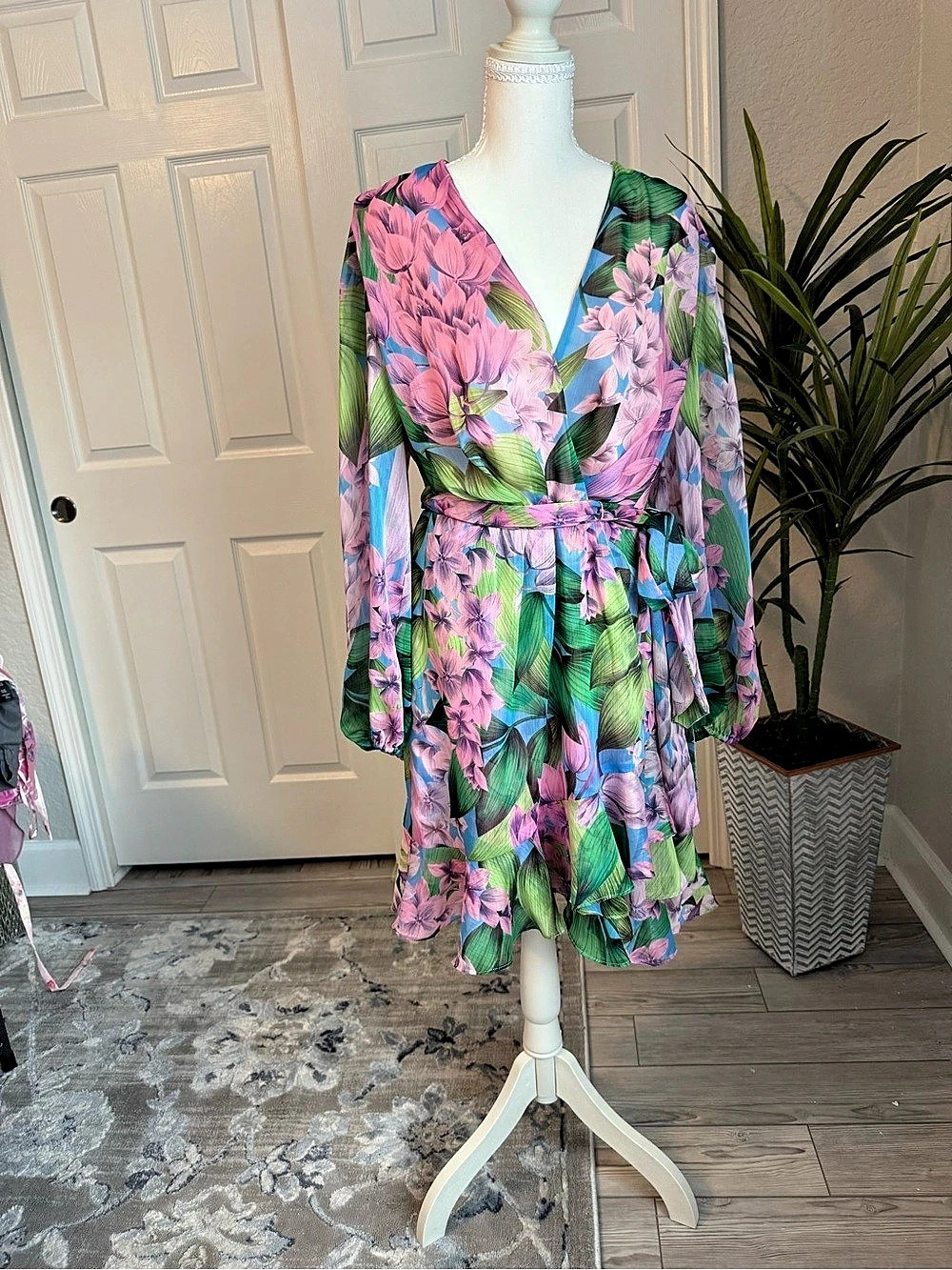 Alex Marie Ruffle Dress Floral Wrap Mini Dress Pink & Green Size 10 New With Tag